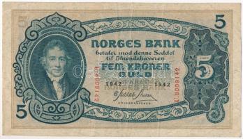 Norvégia 1942. 5Kr T:III Norway 1942. 5 Kroner C:F Krause P#7c