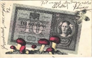1905 Tíz koronás bankjegy gombákkal és lóherével / Zehn Kronen / Austro-Hungarian banknote with mushroom and clover (EK)