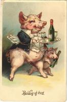 Boldog Újévet! / New Year greeting art postcard, pigs with champagne (Rb)