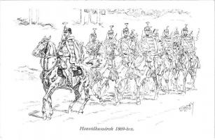 Honvédhuszárok 1869-ben. Honvédség története 1868-1918 / WWI Austro-Hungarian K.u.K. military art postcard, hussars in 1869 s: Garay