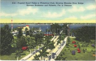 Manatee river (Florida), between Bradenton and Palmetto, tropical royal palms in Waterfront Park, showing Manatee river bridge