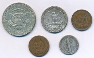 Amerikai Egyesült Államok 1890-1904. 1c Br (2xklf) + 1937. 10c Ag + 1964. 25c Ag + 1966. 1/2$ Ag &qu...