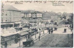 1909 Budapest II. Margit körút, piac, üzletek, villamos. Schwarcz J. kiadása