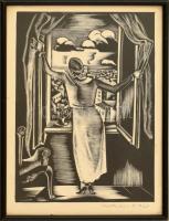 Molnár C. Pál (1894-1981): Hölgy az ablakban. Fametszet, papír, jelzett. Üvegezett fa keretben. 27x19 cm. / Pál Molnár C. (1894-1981): Woman in the window. Woodcut on paper, signed. Framed with glass. 27x19 cm