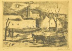 Szőnyi István (1894-1960): Falusi este. Rézkarc, papír, jelzett. Üvegezett fa keretben. 18,5×23,5 cm