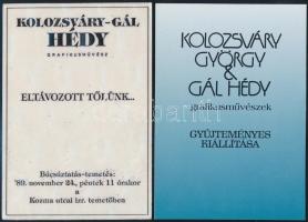 cca 1980 Kolozsváry György- Gál Hédi grafikusművészek 3 db kézirat, meghívó, halotti értesítő