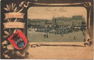 1902 Arad, Szabadság tér, piac, üzletek. Szecessziós litho keret címerrel / market square, shops. Art Nouveau litho with coat of arms (fa)
