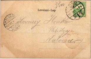 1902 Arad, Szabadság tér, piac, üzletek. Szecessziós litho keret címerrel / market square, shops. Ar...