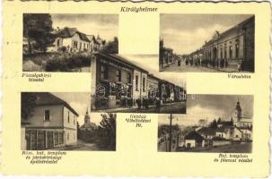 1939 Királyhelmec, Helmec, Kralovsky Chlumec, Královsky Chlmec; Főszolgabírói hivatal, Városháza, Gazdák Hitelintézete, Római katolikus templom, Járásbíróság, Református templom, Fő utca / town hall, credit institute, Catholic church, court, Calvinist church, main street (EK)