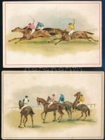 cca 1900 Donáth Sándor (1867-1945) tajtékpipametsző (Bp., Hatvani-utca 3. sz) litografált reklám kártyái, lovaspólós jelenetekkel, az egyiken kis gyűrődésnyomokkal, 7,5x11 cm és 8x11,5 cm