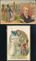 cca 1900 Fabrique de Chocolat Ph Suchard, 2 db Suchard litografált gyűjtői kártya, az egyiken George Stephenson-nal, az egyik foltos, a másikon kis szakadással, 10x7 cm