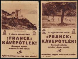 cca 1927-1929 Franck Kávépótlék reklám nyomtatványok, 4 db, az egyiken a visegrádi Salamon-torony, a másikon a fiumei kikötővel, egy szakadt, a többin gyűrődésnyomok,