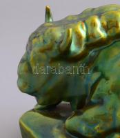 Zsolnay eozin mázas fekvő bika. Jelzett, sérült, (szarv vége hiányzik) m: 11,5 cm, h: 23 cm