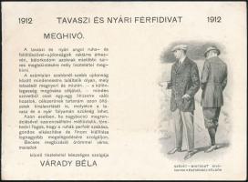 1912 Bp., Várady Béla tavaszi és nyári férfi-divat prospektusa, illusztrációkkal, 2 sztl. lev, 10x14 cm