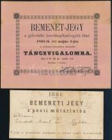 1861-1864 A Győrvidéki Honvédsegélyező-egylet 1861. május 1. -én tartott táncmulatságának bemenet-jegye, és a Pesti Műtárlat bemeneti jegye, hajtottak, 11x14 cm és 6x11 cm