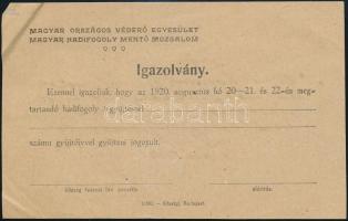 1920 Magyar Országos Véderő Egylet (MOVE) Magyar Hadifogoly Mentő Mozgalom gyűjtésre jogosító igazolványa, a hátoldalon nyugtával
