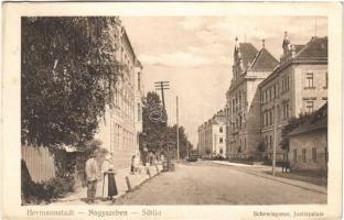 1916 Nagyszeben, Hermannstadt, Sibiu; Schewisgasse, Justizpalais / utca, igazságügyi palota, villamos / street, palace of justice, tram