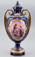 Zsolnay amfora váza udvarlási jelenettel. XIX. sz. vége. Kézzel festett, jelzett (máz alatti kék családi pecsét, benyomott Zsolnay Pécs) sérülésekkel. 32,5 cm