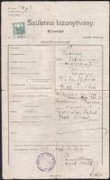 1919 Harber Móricz születési bizonyítványa az óbudai izraelita hitközség által kitöltve, pecsételve, a körülmetélő és a koma nevével, vászonra kasírozva