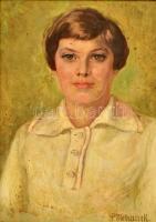 P. Mokossiny Kató (működött a nagybányai szabadiskolában 1923-1926 között): Fiatal hölgy portréja. Olaj, karton. Jelzett. Kissé foltos. Dekoratív fa keretben, 49,5×39,5 cm / Kató P. Mokossiny (worked in the painter school of Baia Mare between 1923-1926): Portrait of a girl. Oil on board. Signed. Little bit spotty. Framed. 49,5×39,5 cm.