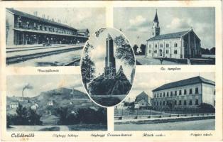 1938 Celldömölk, vasútállomás, Evangélikus templom, Polgári iskola, Hősök szobra, Sághegyi Trianoni Kereszt(fa)