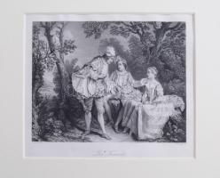 cca 1870 Nicholas Lancret (1690-1743) után metszette W. French: Die Freunde (A barátok), acélmetszet, papír, paszpartuban, 14x18 cm