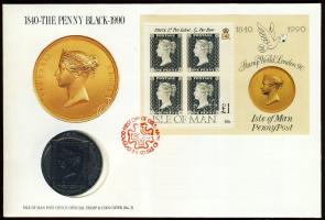 Man sziget 1990. 1C "150 éves a Balck Penny-az első bélyeg" érmés, bélyeges borítékon T:1