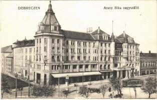 1929 Debrecen, Arany Bika nagyszálló, villamos. Vasúti levelezőlapárusítás 4286. + NYÍREGYHÁZA-DEBRECEN-BUDAPEST 45. mozgóposta