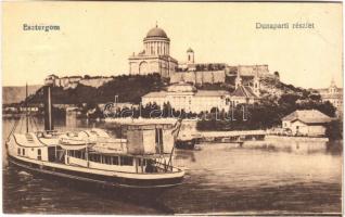 1928 Esztergom, Dunaparti részlet, Bazilika, gőzhajó, hajókikötő. Vasúti levelezőlapárusítás 9087.