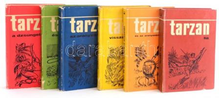 Edgar Rice Burroughs: Tarzan sorozat 6 kötete: Tarzan, a dzsungel fia, Tarzan és Opar kincse, Tarzan az aranyvárosban, Tarzan visszatér, Tarzan és az aranyszőrű oroszlán, Tarzan fia. Újvidék, 1966, Forum. Kiadói kopott kartonált papírkötésekben.