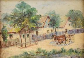 Németh György (1888-1962): Utcarészlet fogattal. Olaj, falemez, jelzett. Sérült keretben, 13×18 cm