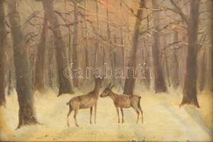 Németh György (1888-1962): Téli erdő őzekkel. Olaj, falemez, jelzett. Dekoratív üvegezett fa keretben, 13×18 cm