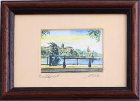 Sánta István (1957-): Budapest. Akvarell, papír, jelzett. Hátoldalán a művész bélyegzőjével. Üvegezett fa keretben, 5×6,5 cm