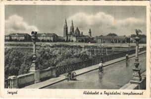 1950 Szeged, híd, Fogadalmi templom, kerékpáros (EK)