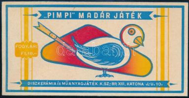 Díszkerámia és Műanyagjáték K.Sz. Pimpi madárjáték címke