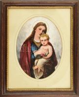 Jelzés nélkül: Mária a kisded Jézussal. Olaj, karton. Sérült (festék lepergéssel). Dekoratív, üvegez...