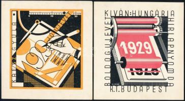 1929 Kaesz Gyula (1897-1967): Boldog új évet! 2 db plakát, 14x13 cm