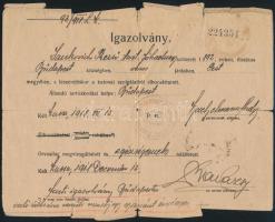 1918 Kassa, december 12. Katonai leszerelő különítmény igazolvány Budapestre utazáshoz.