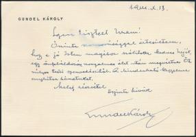 1944 Gundel Károly Márton (1883-1956) legendás vendéglős és gasztronómiai szakíró autográf kondoleáló üzenete fejléces kártyáján. 15,5x11 cm