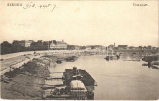 1908 Szeged, Tiszapart jelentős apálykor, uszoda, kikötő, lakóhajó