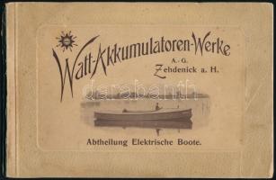 1900 Watt-Akkumulatoren Werke AG. Zehdenick a. H. Preis-Liste über Elektrische Boote. Abteilung: Boots-bau. Fekete-fehér fotókkal, illusztrációkkal, német nyelvű akkumulátoros/elektromos hajó katalógus, kissé foltos, szakadt borítóval, szétvált kötéssel, megviselt állapotban, 86 p.