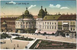 1916 Kolozsvár, Cluj; Mátyás király tér, Haraszthy Jenő, Erdélyi bank, drogéria / square, shops, drugstore, bank
