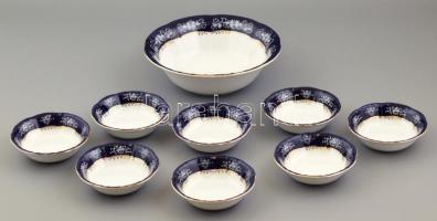 Zsolnay Pompadour mintás porcelán kompótos készlet, 1 db tál d: 25 cm m: 7 cm, 8 db tálka d: 13 cm m: 3,5 cm, jelzett, apró kopásnyomokkal, eredeti dobozában