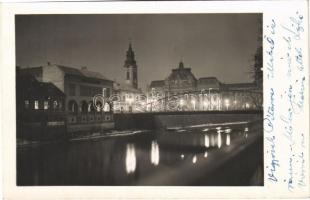 1941 Nagyvárad, Oradea; Körös parti részlet, híd, este / Cris river side at night, bridge