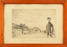 Varga Nándor Lajos (1895-1978): Petőfi Pápán 1842 május. Rézkarc, papír, jelzett, üvegezett fa keretben. Lap szélén apró foltokkal. 19,5x29 cm
