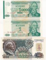 Dnyeszter-menti Köztársaság 1992. 1000R (szovjet bankjegyen transznyisztriai bélyeg) + 1994. 1R + 1996. 10000R (felülbélyegzéssel) T:I,I- Transnistria 1992. 1000 Rubles (Transnistrian stamp on the Soviet banknote) + 1994. 1 Ruble + 1994. 10000 Rubles (overprinted) C:UNC,AU Krause P#13, P#16, P#29