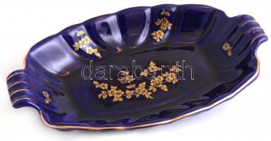 Szakmáry Hollóháza kék asztali tál, arany színű virág dekorral, matricás, jelzett, apró kopásnyomokkal, 21,5x34,5 cm