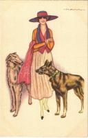 Italian art postcard, lady with dogs. C. Chierichetti Serie No. 2325. s: Nanni