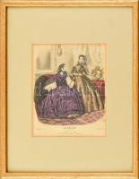 1860 LIris, ruhák, színezett metszet, üvegezett keretben, 21×17 cm