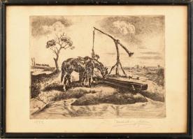 Villányi Ferenc (?-?): Gémeskútnál (1942). Rézkarc, papír, kisebb hibával, keretben, 18×23 cm